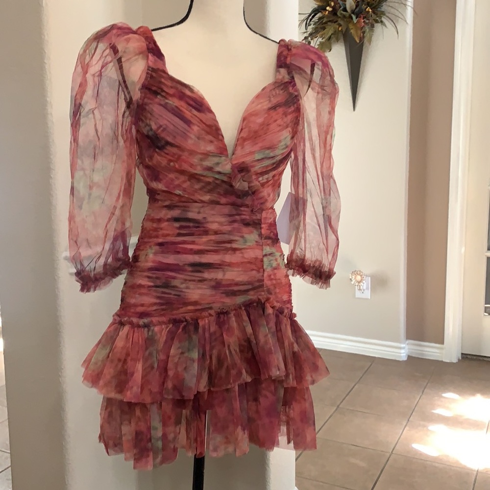 Multicolored pink floral graphic runched tulle bodycon mini dress - Picture 2 of 16